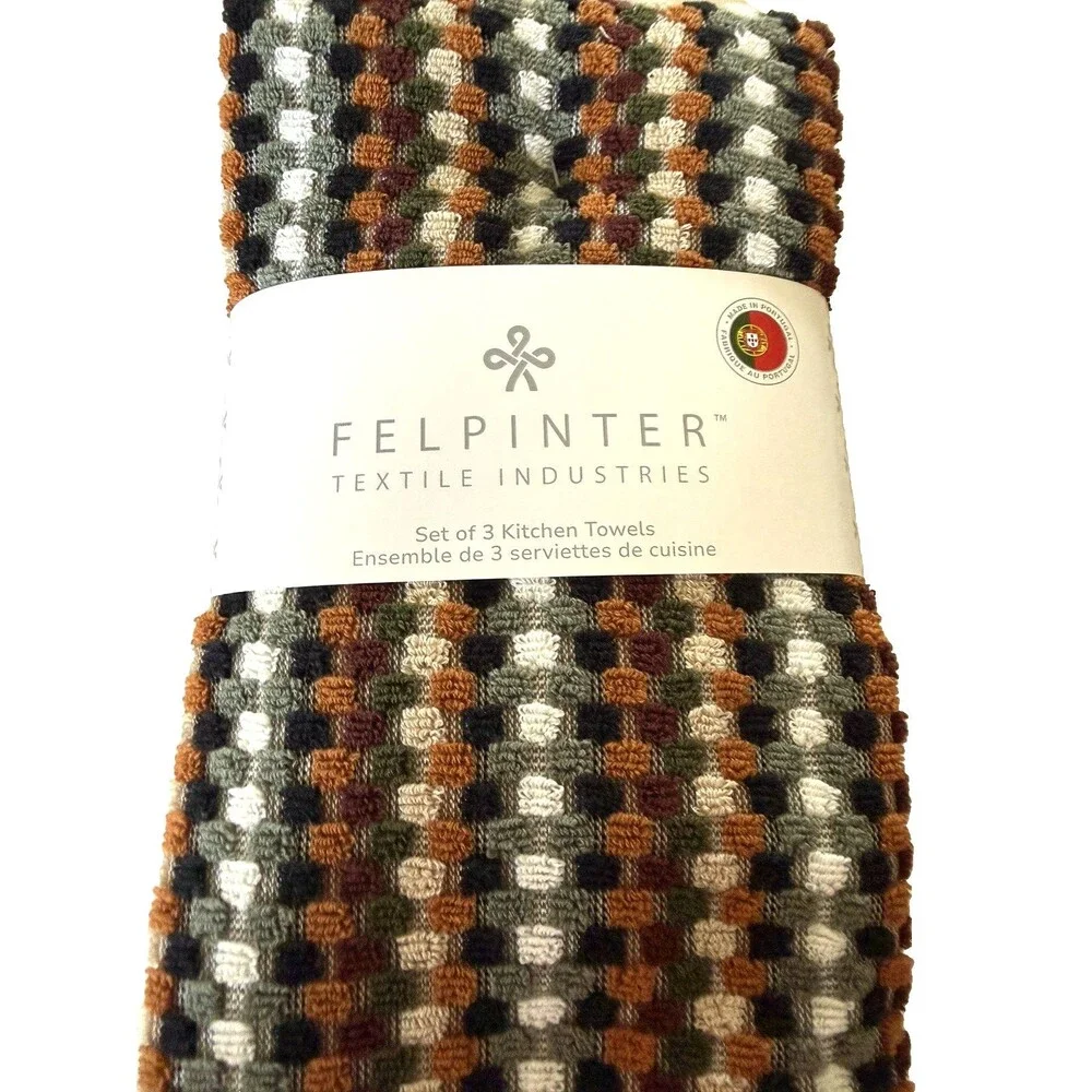 Felpinter Kitchen Dish Towels Set of 3 Rust Black Gray Check Made in PORTUGAL